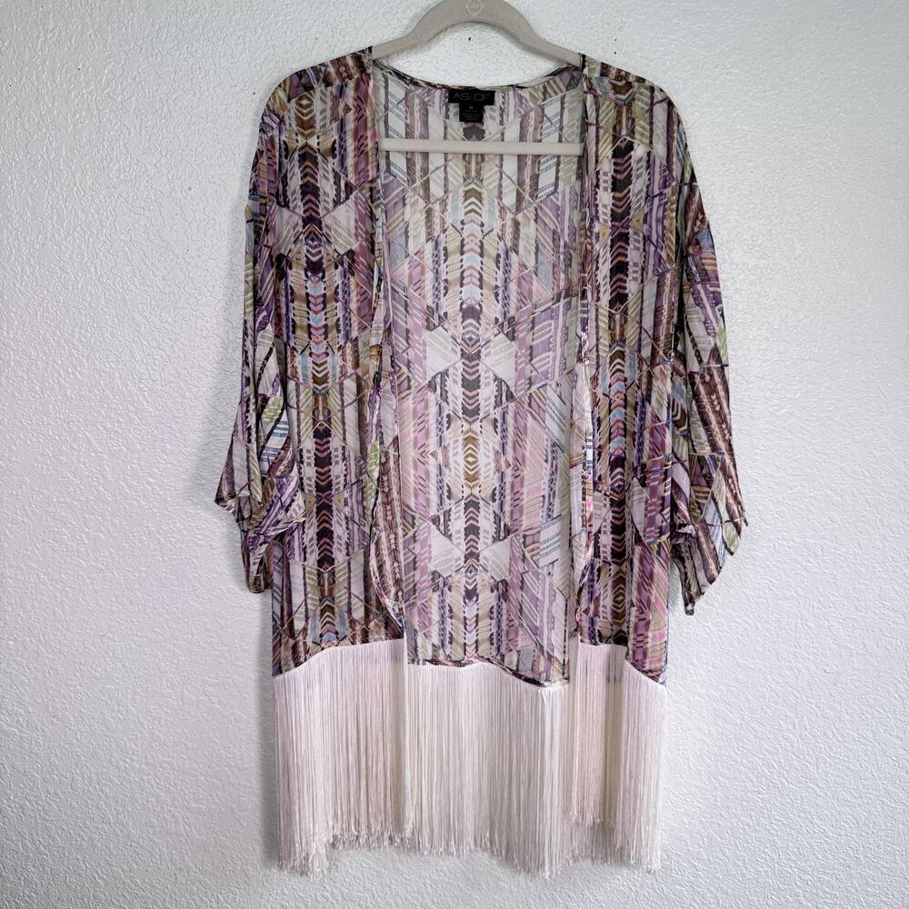 AS By DF Kimono Top Womens Medium Silk Fringe Sheer Geometric Boho Festival
